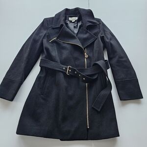 Michael Kors Womens Black Wool Blend Gold Zipper Belted Winter Coat - Size 10